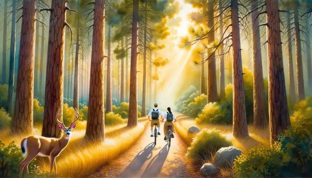 Wide watercolor painting of a serene nature trail that winds through a lush forest of tall pine trees. The golden hues of a setting sun filter through the branches, casting dappled light patterns on the ground. Riding along the trail are two Mormon missionaries: a Native American female and an